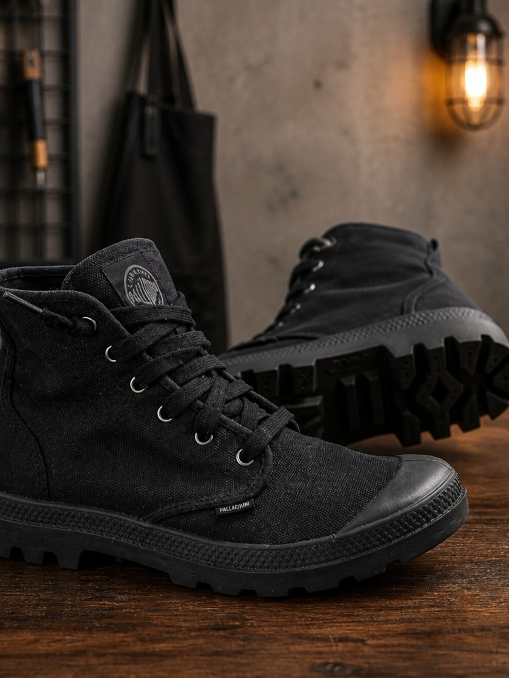 Palladium Boots Men Size 10 Black Canvas Pampa Hi-Top Lug Sole Sneaker